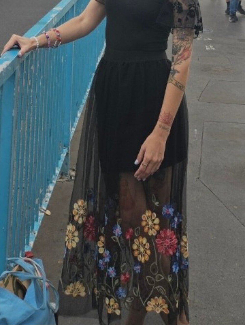 SHEIN Black Mesh Maxi Skort with Multicolor Floral Embroidery